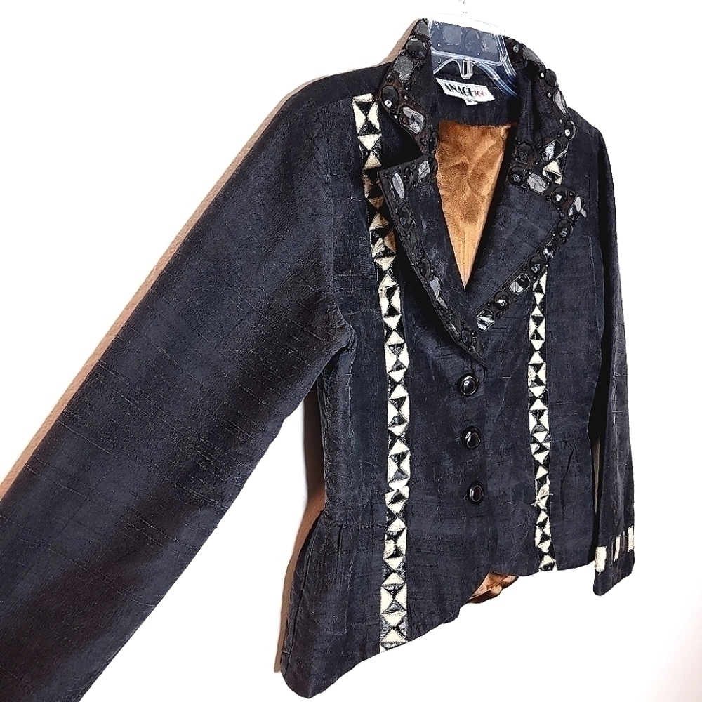 Anage Too vintage women's m black button down embellished sparkly geometric top - Picture 4 of 15
